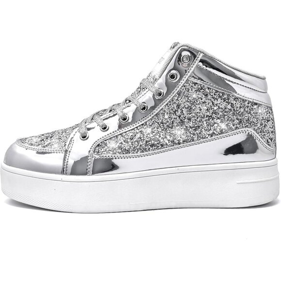 Women's Silver Shiny Glitter Sequin Shoes High Top Sneakers Fashion Bling - Picture 6 of 6